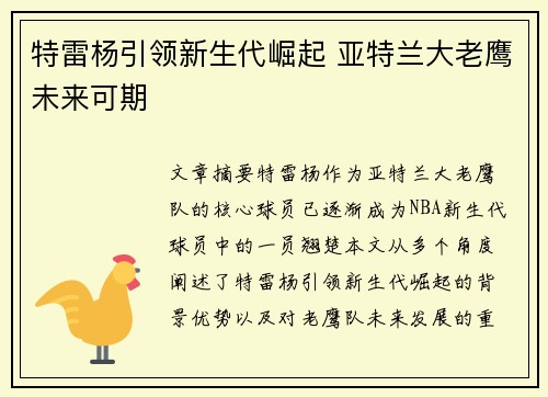 特雷杨引领新生代崛起 亚特兰大老鹰未来可期